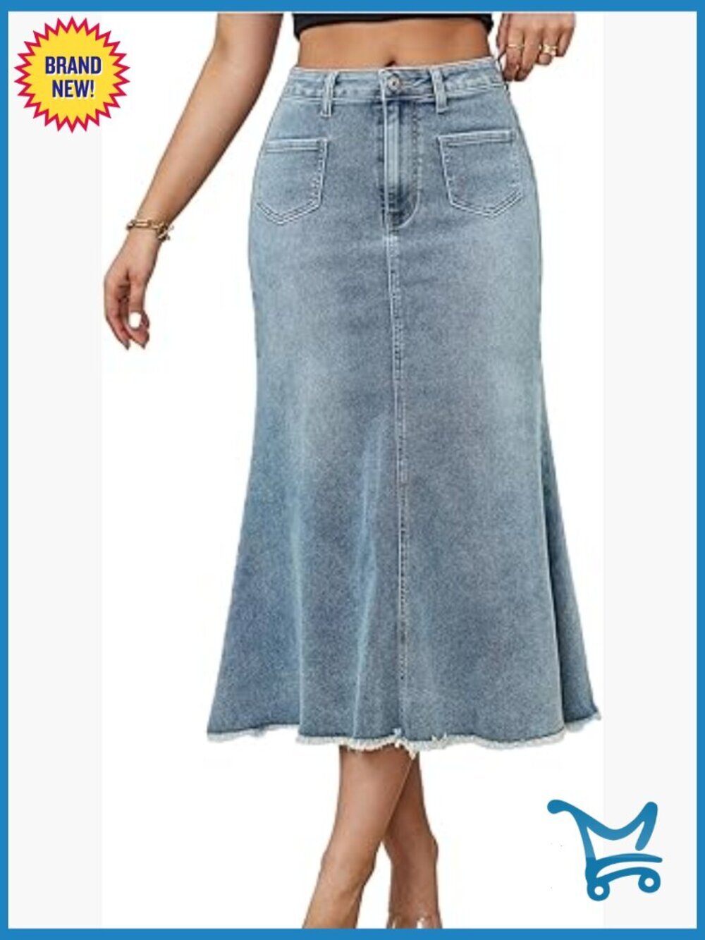 High Waisted A-Line Denim Maxi Skirt with Pockets